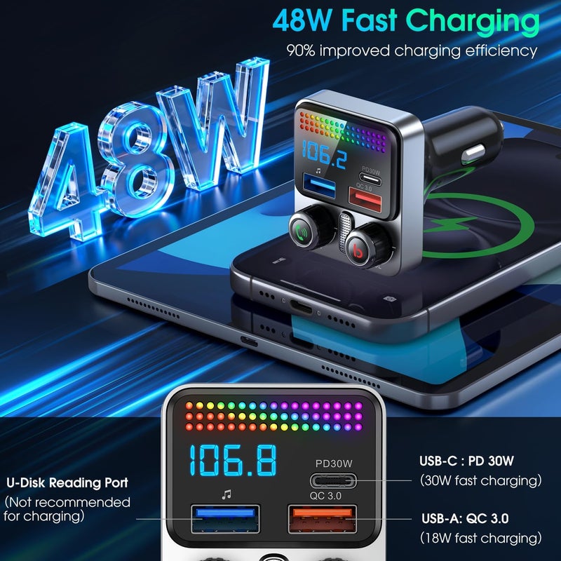 HUNDRUP Bluetooth 5.4 Car Adapter 48W Charging USB Bluetooth Adapter for Car,Wireless Fm Transmitter Radio,Song Switching,Handsfree Calling and Audio Receiver,HiFi Music Player,Matrix LED Effects - Image 5